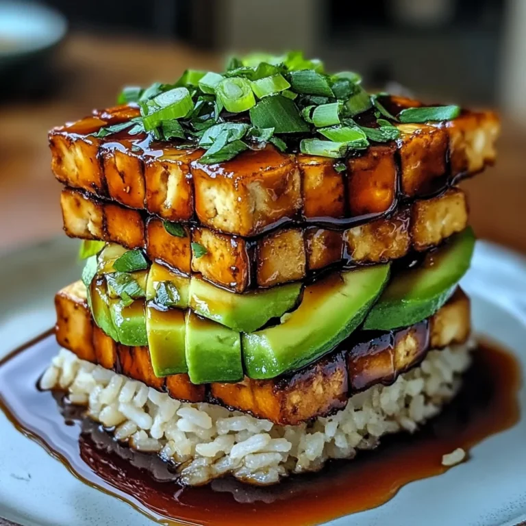 Crispy Teriyaki Tofu and Avocado Rice Stack