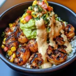 Grilled Shrimp Bowl with Avocado, Corn Salsa & Creamy Sauce