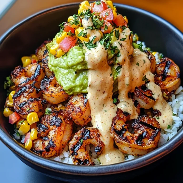 Grilled Shrimp Bowl with Avocado, Corn Salsa & Creamy Sauce