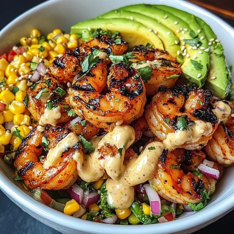 Grilled Shrimp Bowl with Avocado, Corn Salsa & Creamy Garlic Sauce